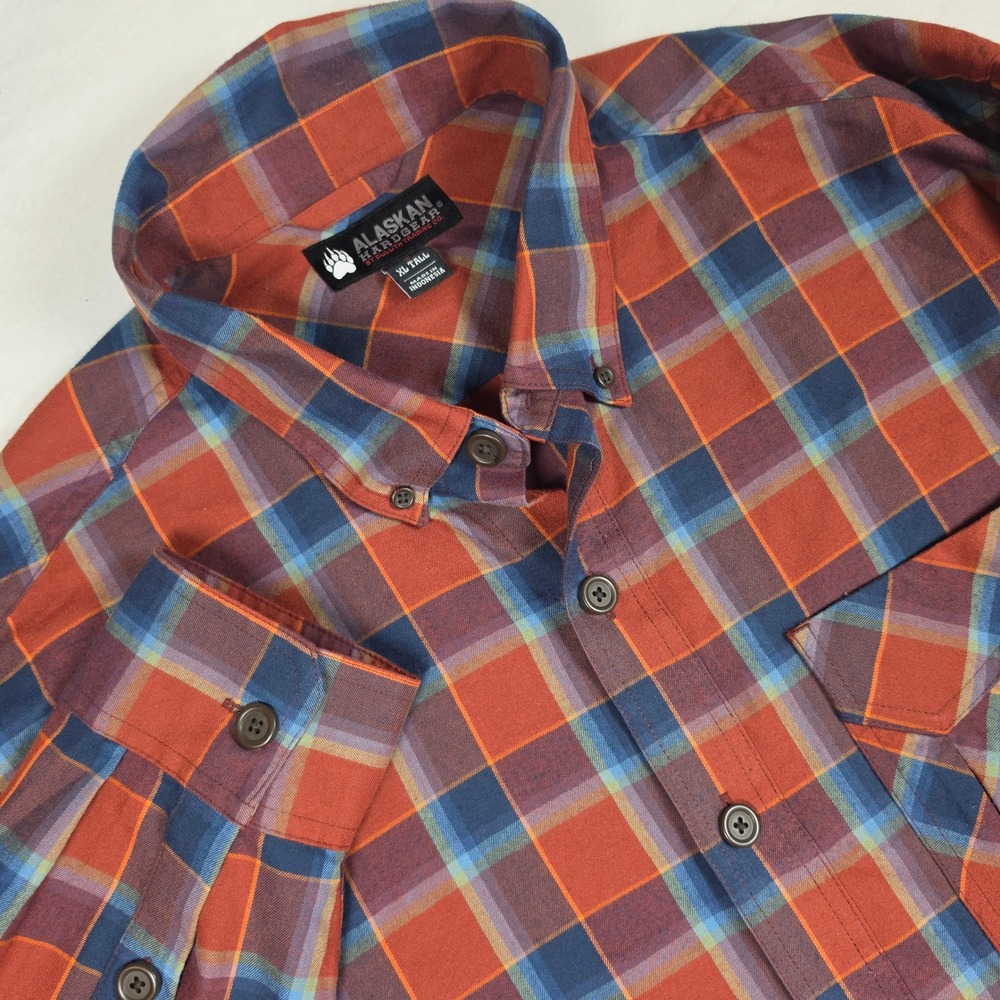 Alaskan Hardgear Duluth Trading Co Plaid Shirt Mens XL Tall Orange Blue Wool Mix